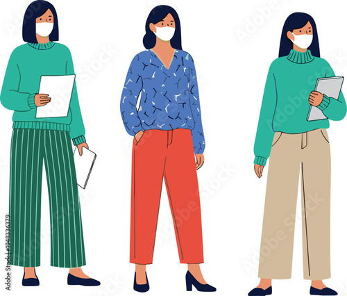 Three illustrated individuals wearing protective face masks in professional attire, holding documents and clipboard, symbolizing workplace safety, academic environment