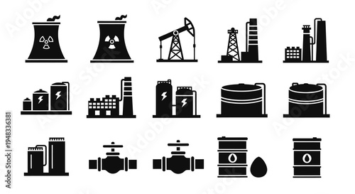 Set of black flat icons representing energy industry objects on white background