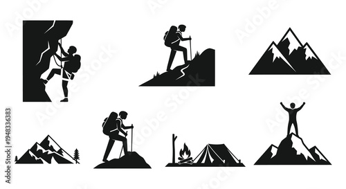 Black  White Glyph Icons of Mountain Climbing and Hiking Adventures
