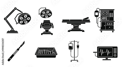 Medical Surgery Equipment Icons Black and White Glyph Set