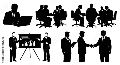 Business Meeting Silhouettes: Presentation, Handshake, Teamwork, Office Scenes