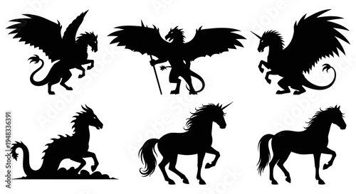 Mythical Creatures Silhouettes: Dragon, Pegasus, Unicorn, Horse Vector Art