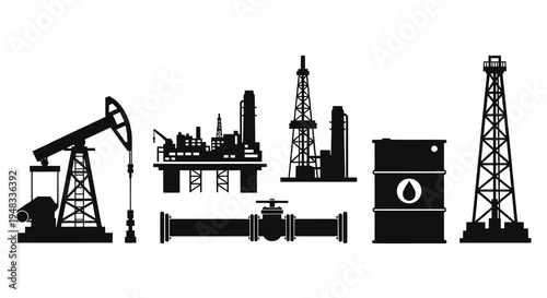 Oil and Gas Industry Icons: Pumpjack, Rig, Barrel, Valve, Refinery