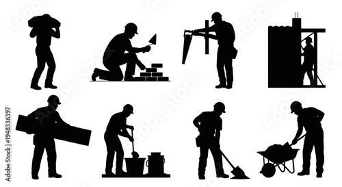 Construction worker silhouettes: bricklaying, sawing, carrying, building