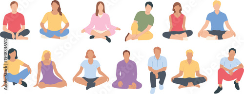 Thirteen diverse illustrated individuals sitting cross‑legged and relaxed in two rows, showcasing casual clothing, mindfulness, meditation, yoga, community gathering, and lifestyle diversity concepts.
