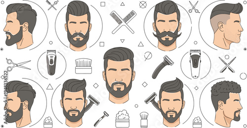 Men Beard and Hairstyle Collection with Modern Haircuts, Mustache Styles and Barber Tools for Grooming Guide, Barbershop Fashion and Male Style Illustration