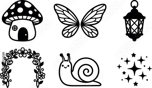 Black and white vector icons featuring mushroom house butterfly wings vintage lantern floral wreath smiling snail and sparkling stars decorative elements