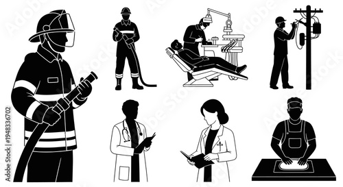 Black and White Icons of Professions: Firefighter, Electrician, Dentist, Doctor
