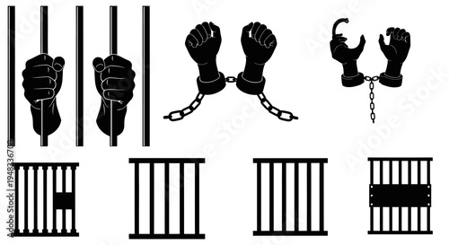Black  White Vector Art: Hands Chained in Jail Bars, Prisoner Symbol