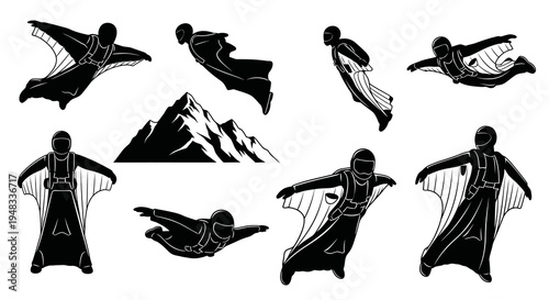 Black and white vector icons of wingsuit divers in various poses