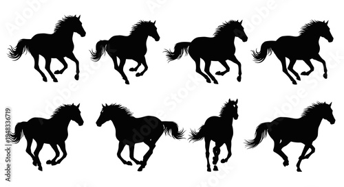 Black  White Silhouettes of Running Horses in Different Poses