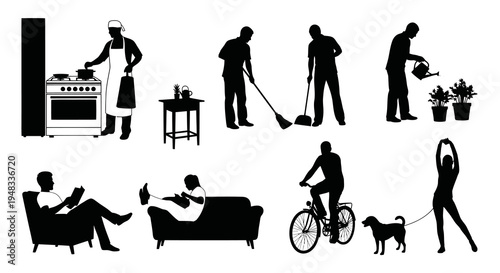Black  White Silhouettes: Home Activities and Hobbies - Vector Art