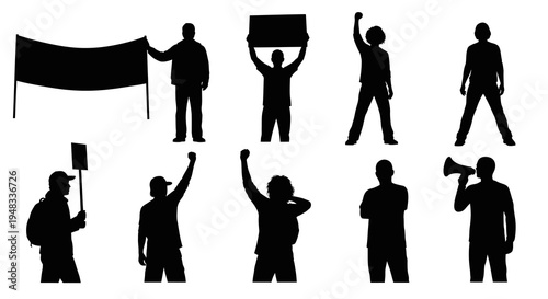 Black Silhouette Crowd Protesters Holding Banners, Signs, Megaphone