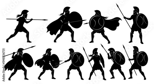 Ancient Greek Spartan Warriors Silhouettes, Battle Poses, Line Art