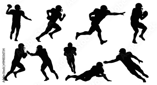 Black Silhouette American Football Players in Various Poses, Sports Vector