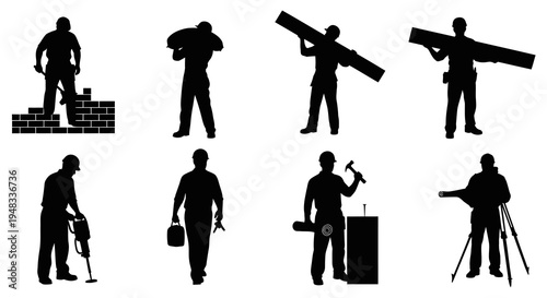 Construction worker silhouettes carrying materials and tools, black and white