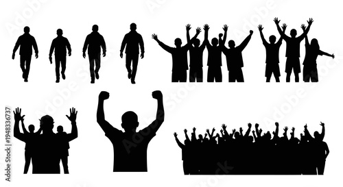 Black  White Silhouettes of Cheering Crowd and Walking People