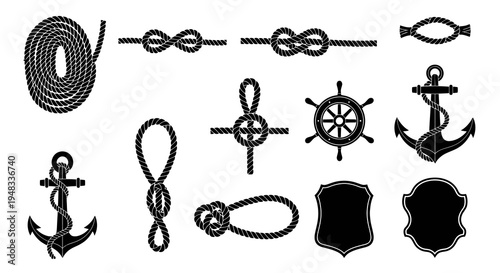 Nautical Maritime Knots, Rope, Anchor, Ship Wheel Icons Set