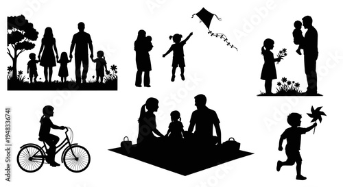 Family Outdoors Silhouettes: Picnic, Kite, Bike, Children, Parents, Summer