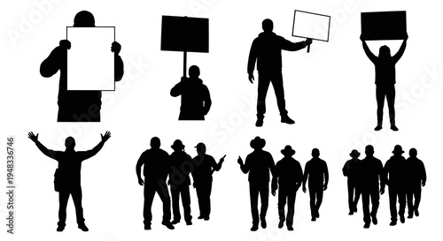 Silhouette of Protestors Holding Signs, Vector Graphic