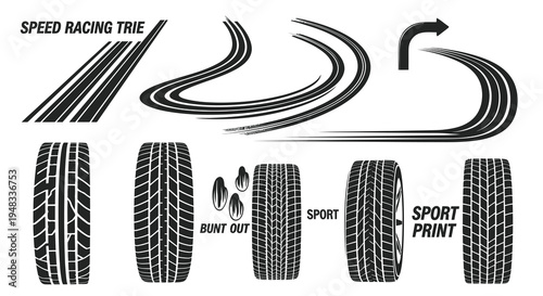 Black  White Vector Tires, Tracks  Speed Racing Lines for Automotive Industry