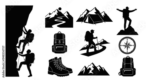Black  White Icons Set: Hiking, Climbing, Camping, Adventure, Mountains