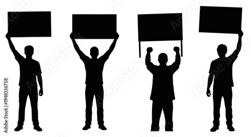 Four Silhouettes of People Holding Black Protest Signs