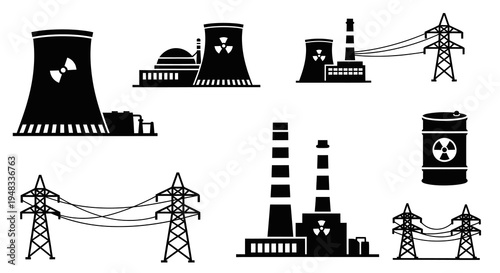Nuclear Power Plant and Energy Transmission Line Icons - Black and White Glyph Art