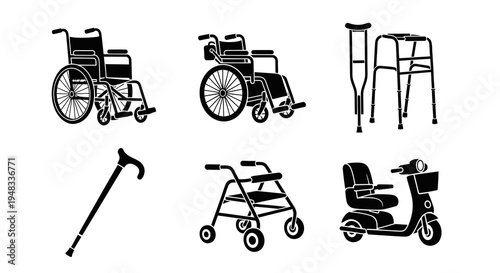 Black and White Icons of Mobility Aids: Wheelchair, Walker, Scooter, Cane, Crutches