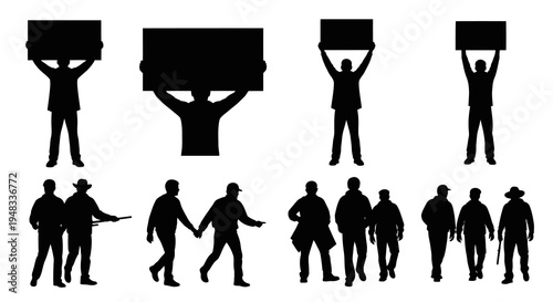 Silhouettes of People Holding Signs, Protesting, Walking, Black and White