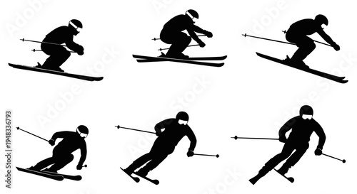 Skiing Silhouettes: Action Poses of Alpine Skiers on White Background
