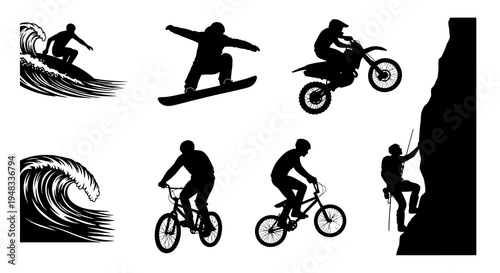 Black and white vector illustration of extreme sports silhouettes