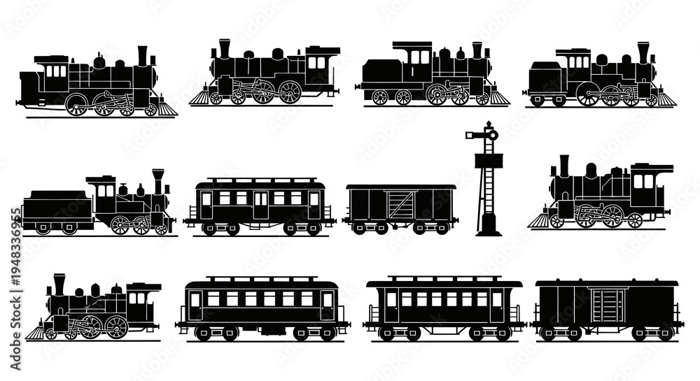 Obraz premium Vintage Steam Train Collection, Black and White Silhouette Icons