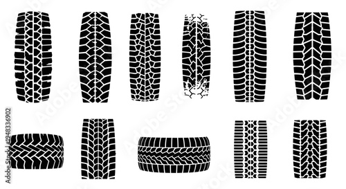 Black Tire Tracks Imprints, Automotive Vector Graphics