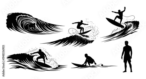 Black and white silhouette of surfers on waves, action sport illustration