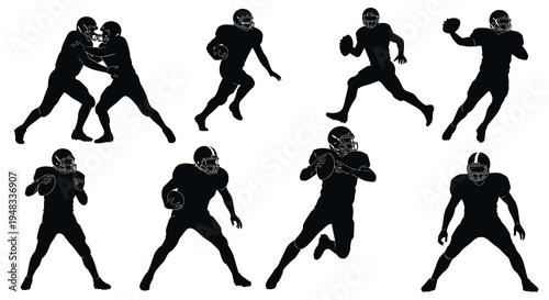 American Football Players Silhouette, Sports Vector Illustration, Black White