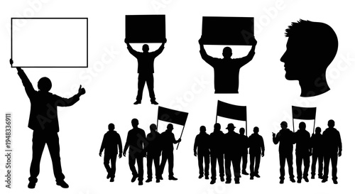 Protestors with Signs and Flags Silhouette, Social Activism Icon
