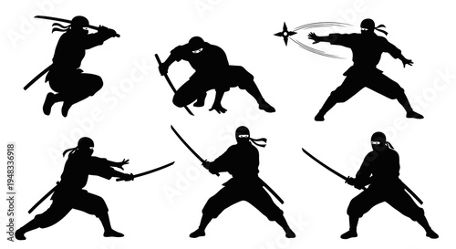 Silhouettes of Ninjas in Action Poses with Swords and Shuriken