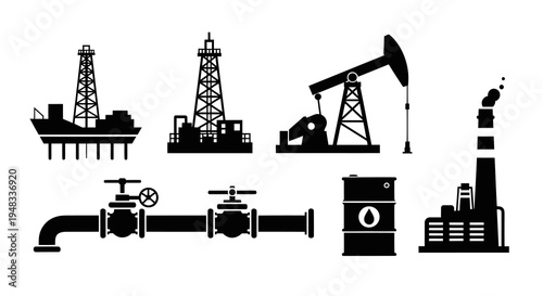 Black and White Icons of Oil and Gas Industry: Pumpjack, Rig, Factory, Barrel