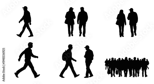 Silhouettes of Diverse People Walking in Groups and Pairs, Black  White Vector Art