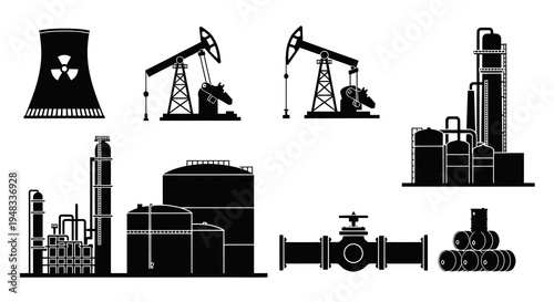 Black  White Glyph Icons of Oil and Gas Industry Symbols