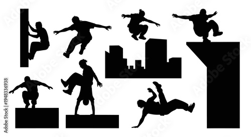 Black Silhouette Parkour Athletes Jumping and Climbing Urban Buildings