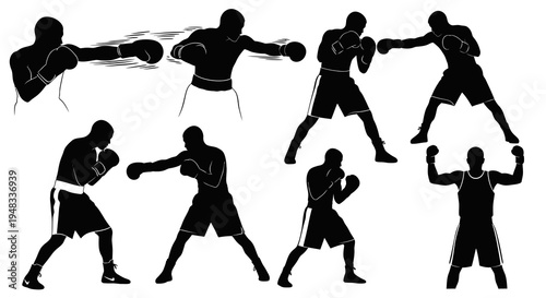 Black  White Silhouette Boxing Icons: Fighters in Action, Fighting Sports