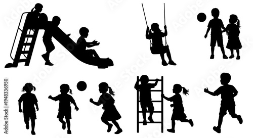 Children playing on playground equipment, vector silhouettes, black and white