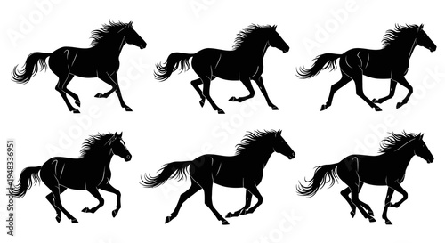 Silhouette of Running Horses, Black  White Vector Art