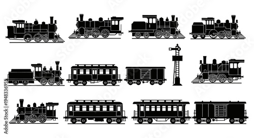 Vintage Steam Train Collection, Black and White Silhouette Icons