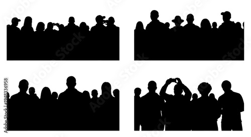 Crowd Silhouettes, Audience, Spectators, Black  White Vector Stock Art