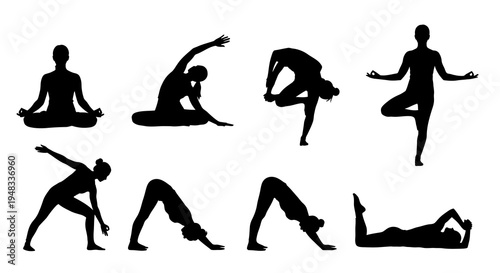 Black Silhouette Yoga Poses Icon Set, White Background, Vector Art