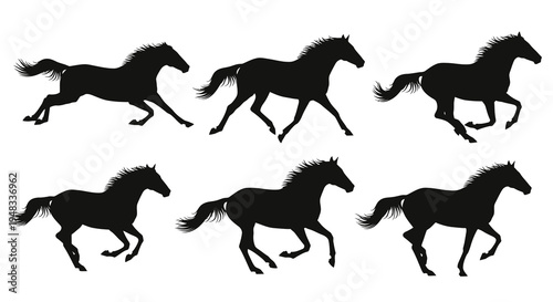 Black Silhouette Horses Running, Vector Stock Asset