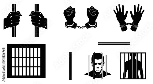 Jail Bars Prison Icon Set Glyph Black and White Criminal Justice